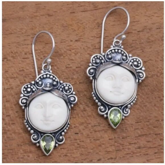 Silver Tone Moon Face Earrings With Crystal Accents - Picture 1 of 2